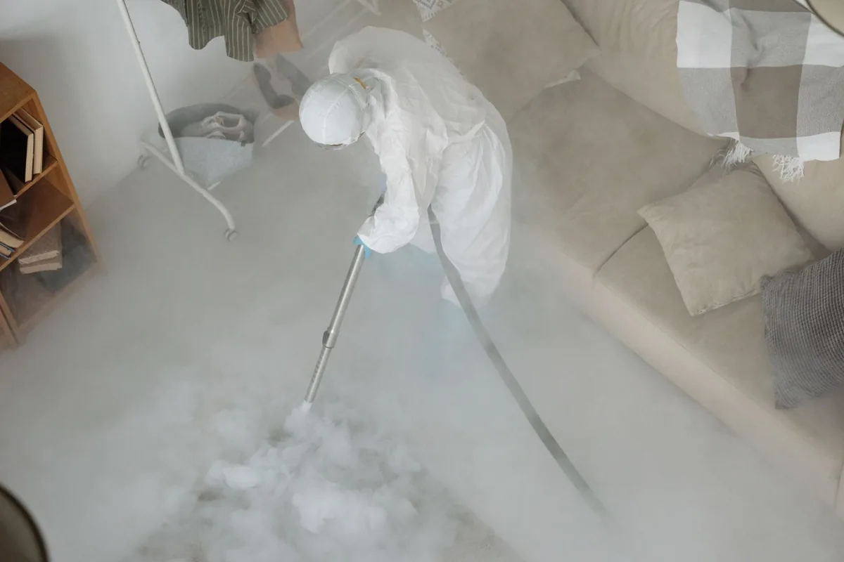 Biohazard cleanup technician in protective equipment, Sumter, SC